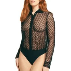 Body String Manches Longues Façon Chemisier Paco Noir