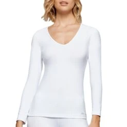 T-shirt Thermique Manches Longues Col V Thermo Blanc
