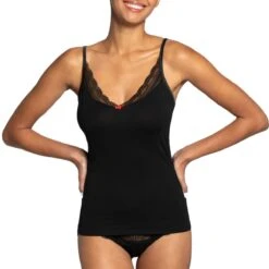 Top En Lyocell Et Dentelle Avec Noeud Rouge Carino Noir