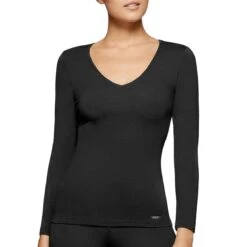 Tricot De Peau Anti Froid Manches Longues Col V Thermo Noir