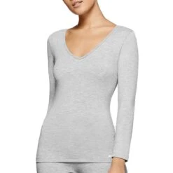 Tricot De Peau Manches Longues Col V Thermo Gris